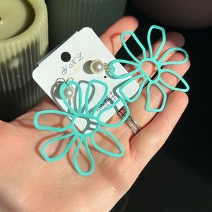 Large Floral Blue Drop Earrings with Pearl Detail